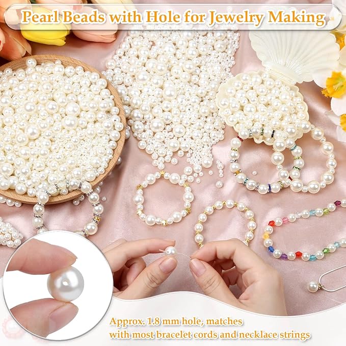 Anezus 2205Pcs Pearls for Craft, Assorted Sizes Fake Pearl Beads, Sew on Pearls, Bulk Loose Pearl Beads with Holes for Jewelry Making, Bracelets, Necklaces, Hairs, Decoration, Vase Filler