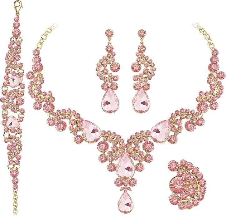 Paxuan Crystal Bridal Wedding Jewelry Sets for Women Rhinestone Teardrop Crystal Statement Choker Necklace Drop Earrings Link Bracelets Rings Teardrop Jewelry Set for Brides Bridesmaids