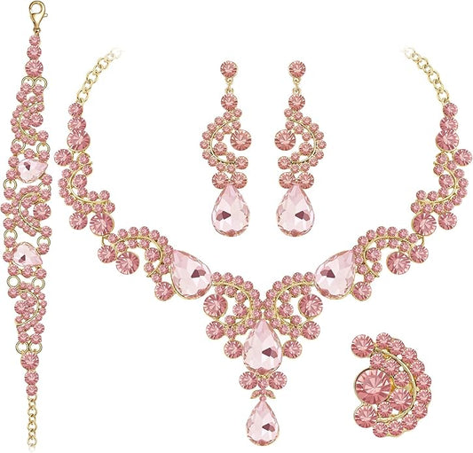 Paxuan Crystal Bridal Wedding Jewelry Sets for Women Rhinestone Teardrop Crystal Statement Choker Necklace Drop Earrings Link Bracelets Rings Teardrop Jewelry Set for Brides Bridesmaids