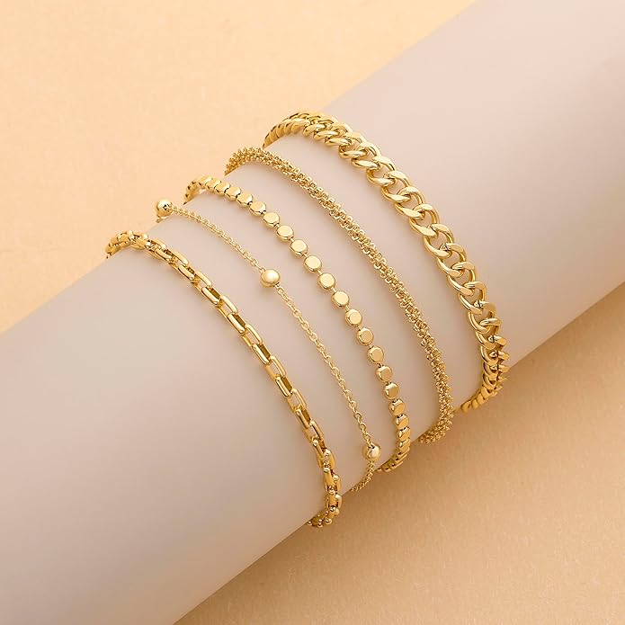 DEARMAY Waterproof Gold Plated Bracelets Set for Women Trendy, Dainty 14K Gold Jewelry Fashion Stackable Tennis Beaded Figaro Herringbone Paperclip Link Bracelet Pack Stack Gifts for Women