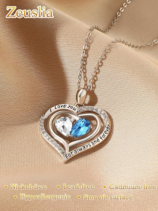 Zeuslia Double Birthstone Necklace Gifts for Wife - 925 Sterling Silver Sunflower/Rose/Crown Cross/Compass/Heart Pendant I Love You Necklace, Anniversary Birthday Gifts for Wife Girlfriend Mom Her