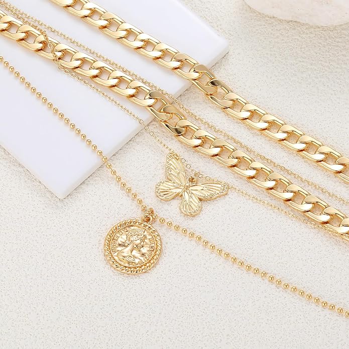 MJartoria Layered Necklaces for Women Trendy Retro Coin Pendant Necklace Dainty Chunky Chain Choker Necklaces for Jewelry Birthday Gifts