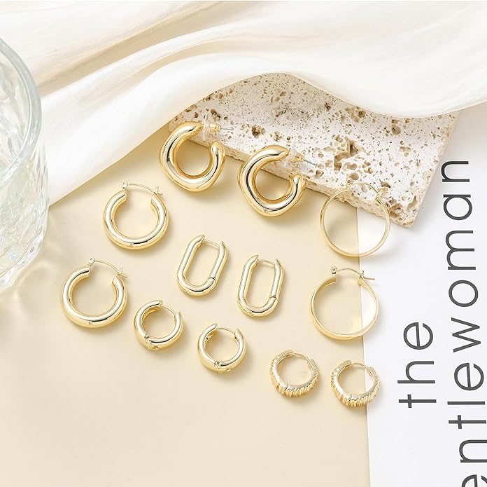 6 Pairs 14K Gold Plated Hoop Earrings for Women Trendy Chunky Lightweight Hoop Earrings Multipack Hypoallergenic, Thick Twisted Huggie Hoops Earring Set Jewelry for Gifts