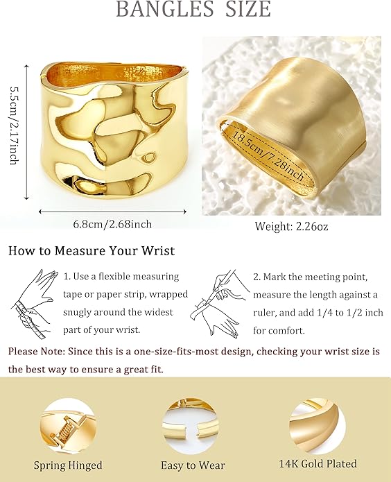 Bangle Bracelets for Women | 14K Gold Plated Trendy Wide Bracelets | Hinged Arm Cuff Bangles Chunky Bracelet for Women