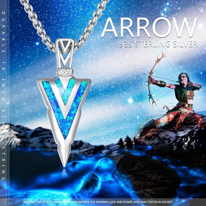 PCTJYFU Arrowhead Necklace 925 Sterling Silver for Women Men Pendant with Blue Opal/Abalone Shell/Turquoise Black Gold Plating Protective Symbol Jewelry Adjustable Chain Gift for Him Her