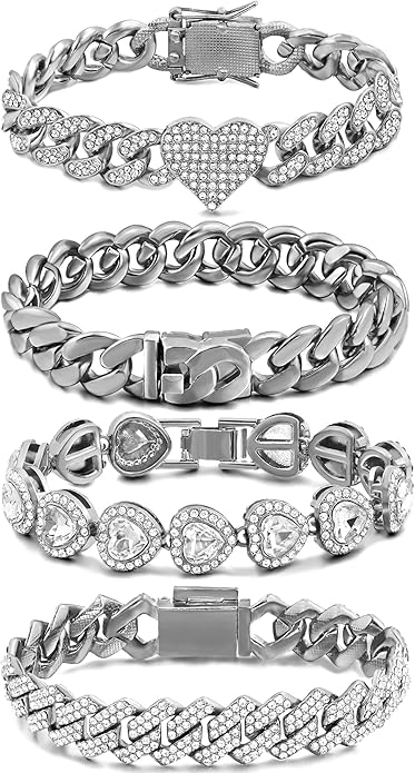 shopbyskyler 4PCS Gold Bracelets for Women Silver Clustered Tennis Bracelet for Women Heart Round Diamond Cuban Bracelet Layered Link Bracelet Set Fashion Jewelry for Women Set