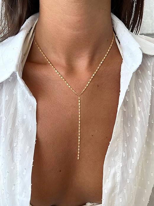 Foxgirl Lariat Gold Necklace for Women, Dainty Long Necklace 14k Gold Plated/Silver Y-Shaped Pendant Necklace Trendy Layered Cz Beaded Chain Drop Necklaces Simple Gold Jewelry For Women Gift