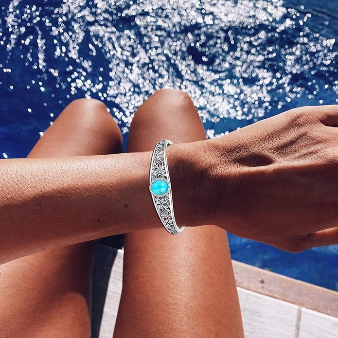 Christmas Jewelry Gift for Women-Genuine Turquoise Cuff Bracelet, Sterling Silver Western Vintage Floral Bangle Native American Jewelry, For 6.5-7.5 Inch Wrists