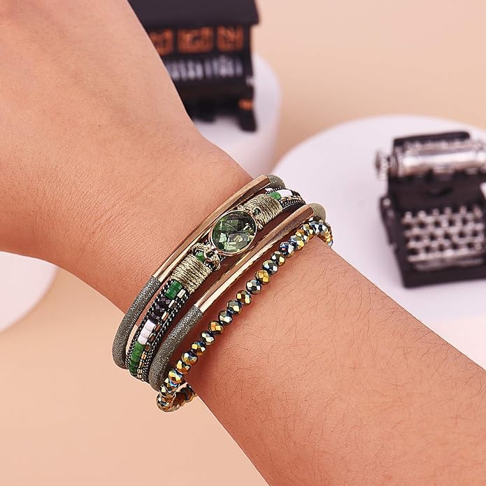 FANCY SHINY Leather Wrap Bracelets Crystal Beads Bracelet Boho Cuff Stone Charm Bracelets with Clasp Costume Jewelry for Women