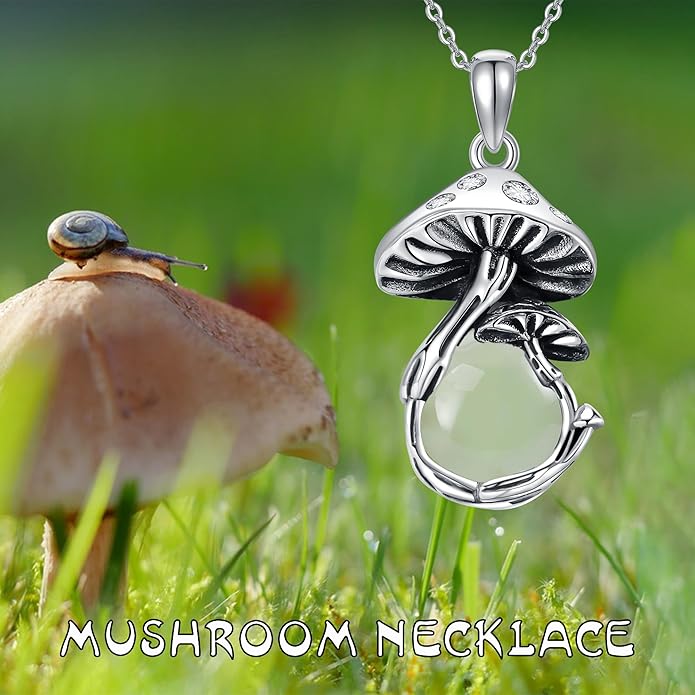 YAFEINI Mushroom Necklace Moonstone/Moss Agate/Malachite/Labradorite/Turquoise/Amber/Larimar/Black Onyx/Lapis Lazuli/Peridot/Opal Sterling Silver Mushroom Pendant Mother's Day Jewelry for Women Mom