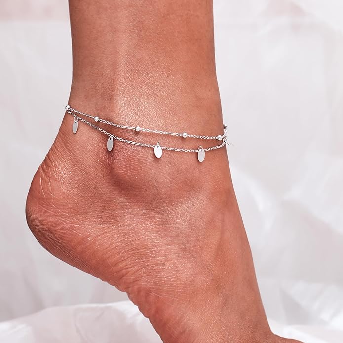 CHIC & ARTSY 925 Sterling Silver Ankle Bracelet Multilayer Anklets for Women Satellite, Star, Cross, Circle, Butterfly, Teardrop, Oval Disk Layered Anklet Beach Jewelry