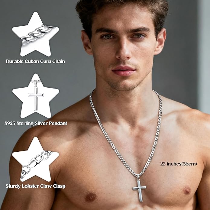 MILACOLATO 925 Sterling Silver Cross Necklace Men - Beveled Edge Cross Pendant with 5mm 316L Stainless Steel Cuban Link Curb Chain Crucifix Necklaces Silver Jewelry for Men Women, 18-30'' Christian Baptism Gift