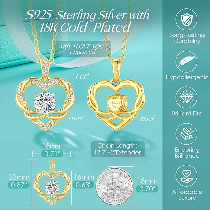 OOBEE Moissanite Heart Necklace for Women 925 Sterling Silver Fine Jewelry Twist Pendant, Valentine Anniversary Birthday Gift for Wife, Mom, Girlfriend