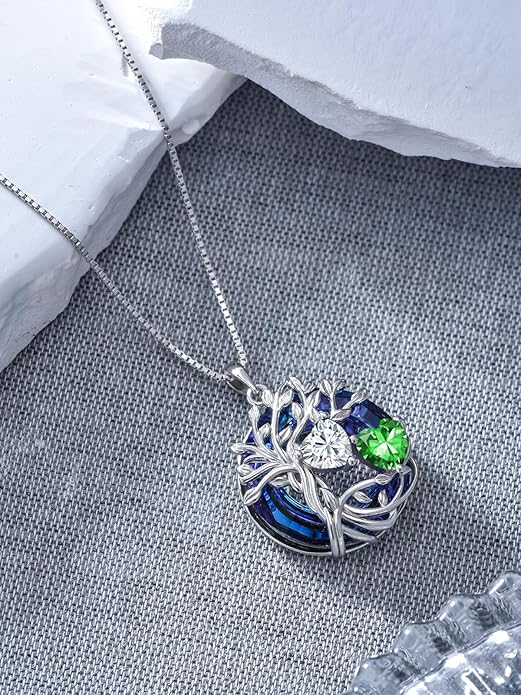 TOUPOP s925 Sterling Silver Family Celtic Tree of Life Pendant Necklaces with 2 Heart Birthstone with Blue Austrian Crystal Jewelry Birthday Anniversary Christmas Gifts for Her Wife Girlfriend Mom (18K Real White Gold Filled)