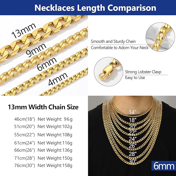 PROSTEEL 316L Stainless Steel Cuban Link Chain Necklaces for Men, Black/18K Gold Plated, Hypoallergenic Jewelry, 4mm-13mm, 14"-30", Come with Box