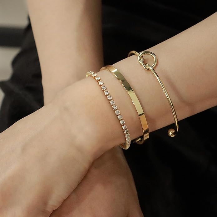 Reoxvo Gold Plated Bangle Cuff Bracelets for Women Non Tarnish Gold Bracelet Stack Jewelry Set for Women Trendy