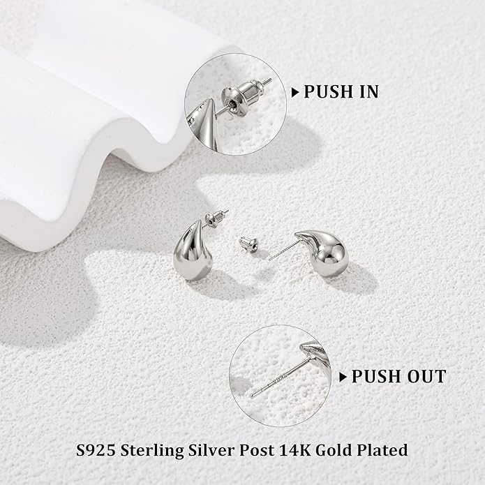 Gacimy Teardrop Earrings Dupes for Women 14K Gold Plated, Chunky Drop Earrings for Women with 925 Sterling Silver Post