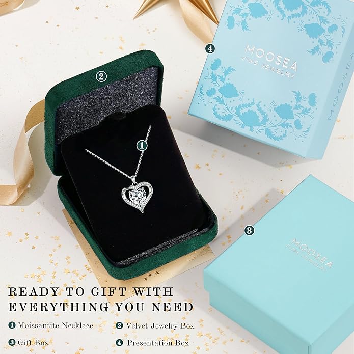 MOOSEA Moissanite Heart Pendant Necklaces for Women, 1-3ct D Color VVS1 925 Sterling Silver Anniversary Birthday Gifts for Women Wife Girlfriend Jewelry Moissanite Necklace