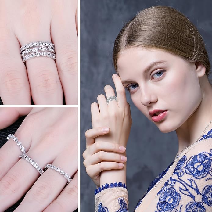 JewelryPalace 14K Gold Plated 925 Sterling Silver Rings for Women, Cubic Zirconia Promise Rings for Her, Stackable Wedding Bands Rings for Women Set Size 4-12