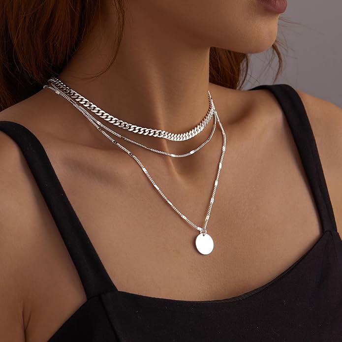 WomenGifts Layered Gold Necklaces for Women, 14K Gold Sterling Silver Plated Dainty Pendant Necklace Set with Cubic Zirconia Circle, Chunky Stackable Cuban Chain Choker, Trendy Personalized Birthstone Jewelry Gift Non Tarnish