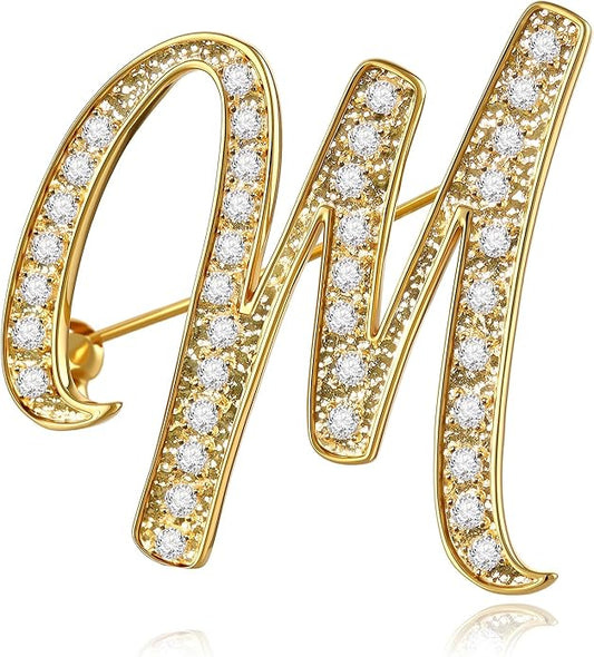 Cicy Bell A-Z Initial 26 Letter Brooch Pins 18k Gold Plated Cubic Zirconia Breastpin Name Personalized Gifts for Women Men