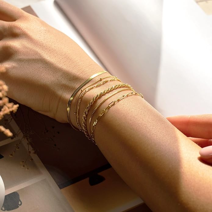 DEARMAY 14K Gold Plated Bracelets for Women Waterproof, Jewelry Sets Trendy Thin Dainty Stackable Cuban Link Paperclip Chain Bracelet Pack Fashion Accessories Gifts for Womens