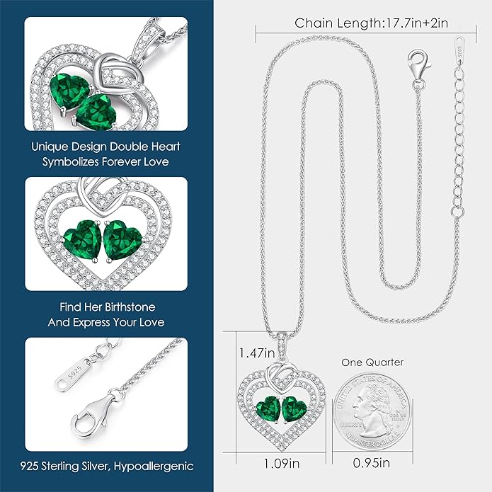 LOUISA SECRET Sparkling Double Heart Birthstone Necklaces for Women, 925 Sterling Silver Fine Jewelry, Pendant Heart Necklaces Birthday Anniversary Christmas Gift for Women Wife Mom Girlfriend Lady