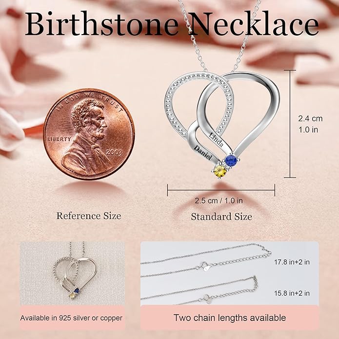 Easycosy Custom Name Necklace with Simulated Birthstones Customized Promise Necklace Heart Pendant with Engraved 2-6 Names - Anniversary Birthday Christmas Jewelry Gifts for Women Wife Mom Grandma