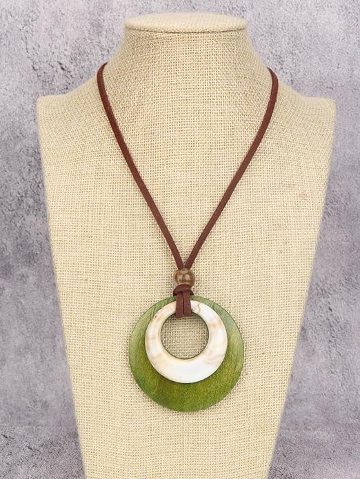 Long Boho Necklaces for Women Vintage Leather Wooden Pendant Y Choker Ethnic Style Gold Circle Hippie Sweater Necklace