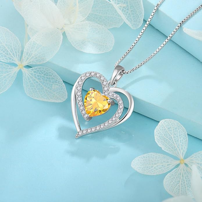 FJ Love Heart Necklace for Women 925 Sterling Silver Birthstone Pendant Anniversary Birthday Jewelry