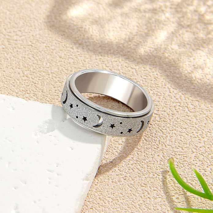 AmorArtSky Anxiety Ring for Women Men, Titanium Stainless Steel Spinner Ring, 5 Colors, 6MM, Size 6-10, 3 Styles Anxiety Ring-Moon Star, Sandblasted Finished, Hollow Outer