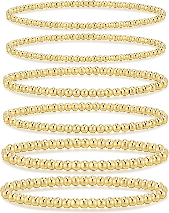 adoyi Gold Bracelets for Women Waterproof, 14K Gold Plated Beaded Strand Bead Ball Bracelets stack Adjustable Jewelry Set for Gifts