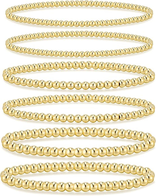 adoyi Gold Bracelets for Women Waterproof, 14K Gold Plated Beaded Strand Bead Ball Bracelets stack Adjustable Jewelry Set for Gifts
