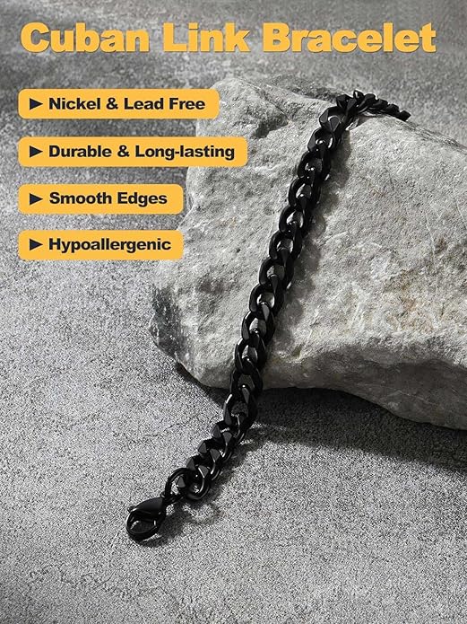 U7 Link Bracelets for Men, Cuban Link/Rope/Watch Band Solid Bracelet, Silver Black Gold Color Wrist Bracelet 3/6/9/12/15mm Width, 6.5/7.5/8.3 Inch Length, Hand Chain Jewelry for Mens Women