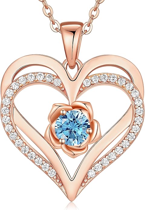 CDE Christmas Gifts for Women S925 Silver Rose Gold Heart Birthstone Necklaces for Women，Ideal Anniversary or Birthday Jewelry Gifts for Wife Girlfriend Her