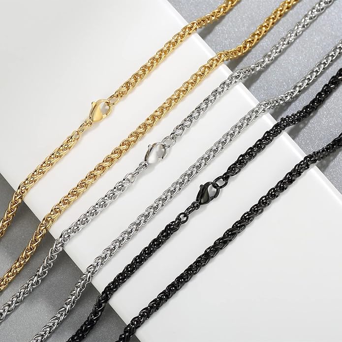Garysiom 3 Pcs Chain Necklace for Men, 4mm Stainless Steel Gold Black and Silver Wheat Chains for Mens Jewelry Gift, 16"/20"/24"/28"/32 Inches