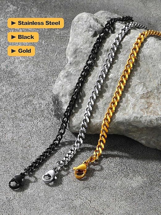 U7 Link Bracelets for Men, Cuban Link/Rope/Watch Band Solid Bracelet, Silver Black Gold Color Wrist Bracelet 3/6/9/12/15mm Width, 6.5/7.5/8.3 Inch Length, Hand Chain Jewelry for Mens Women