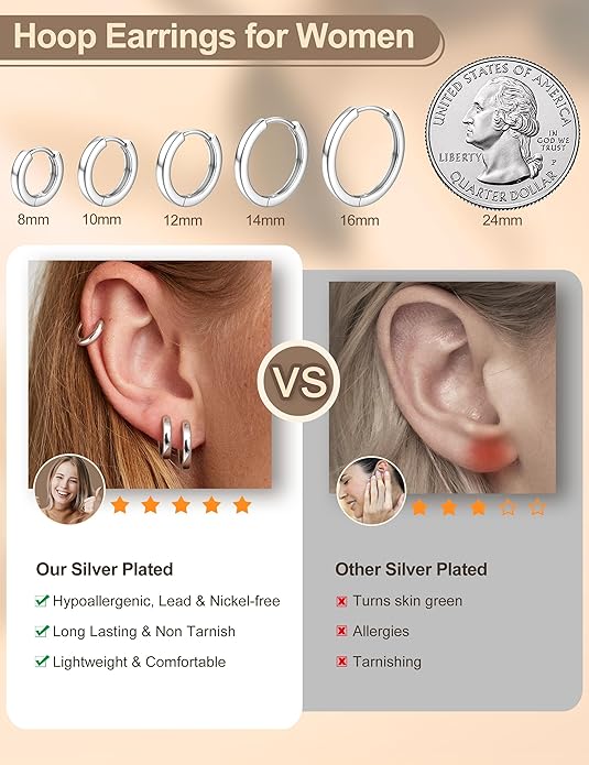 Kakonia 5 Pairs Small Sterling Silver Hoop Earrings Set for Women, 18k Gold Plated Huggie Hoop Earrings, Lightweight Hoop Earrings for Women Hypoallergenic, Cartilage Earring Sets for Multiple Piercing