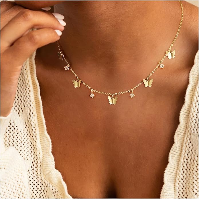 Yoosteel Dainty Gold-plated Clover Pearl Heart Butterfly Star flower Choker Necklace for Women - 14K Gold Plated Cubic Zirconia Pendant Station Necklaces for Women Teens Trendy Prom Jewelry Gifts