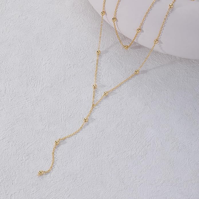 Long Gold Necklace for Women Trendy, Dainty Layered Lariat Necklace 14k Gold Plated Silver Y Shaped Beaded Chain Non Tarnish Drop Necklaces Simple Adjustable Jewelry Gift
