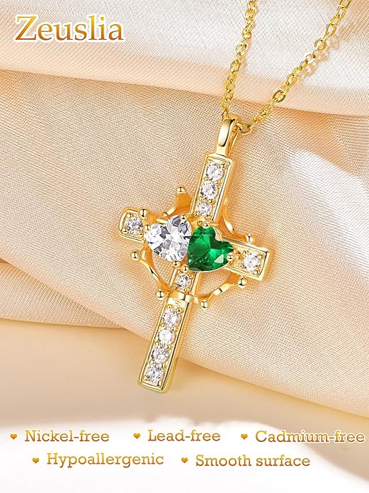 Zeuslia Double Birthstone Necklace Gifts for Wife - 925 Sterling Silver Sunflower/Rose/Crown Cross/Compass/Heart Pendant I Love You Necklace, Anniversary Birthday Gifts for Wife Girlfriend Mom Her