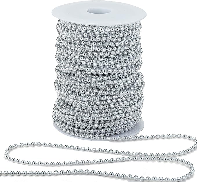 YoungJewl 4mm Crafts Faux Pearl Beads Garland Pearl Bead Roll Strand of Pearls to Decorate Floral Centerpieces Wedding Party Favor Christmas Tree(131 Feet Silver)