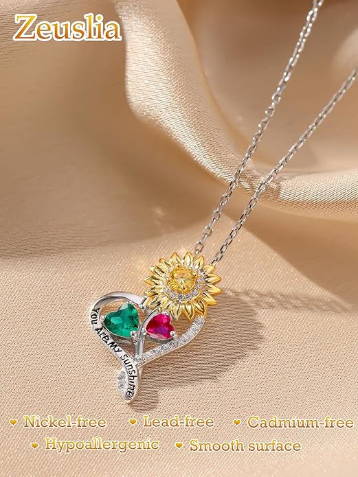 Zeuslia Double Birthstone Necklace Gifts for Wife - 925 Sterling Silver Sunflower/Rose/Crown Cross/Compass/Heart Pendant I Love You Necklace, Anniversary Birthday Gifts for Wife Girlfriend Mom Her