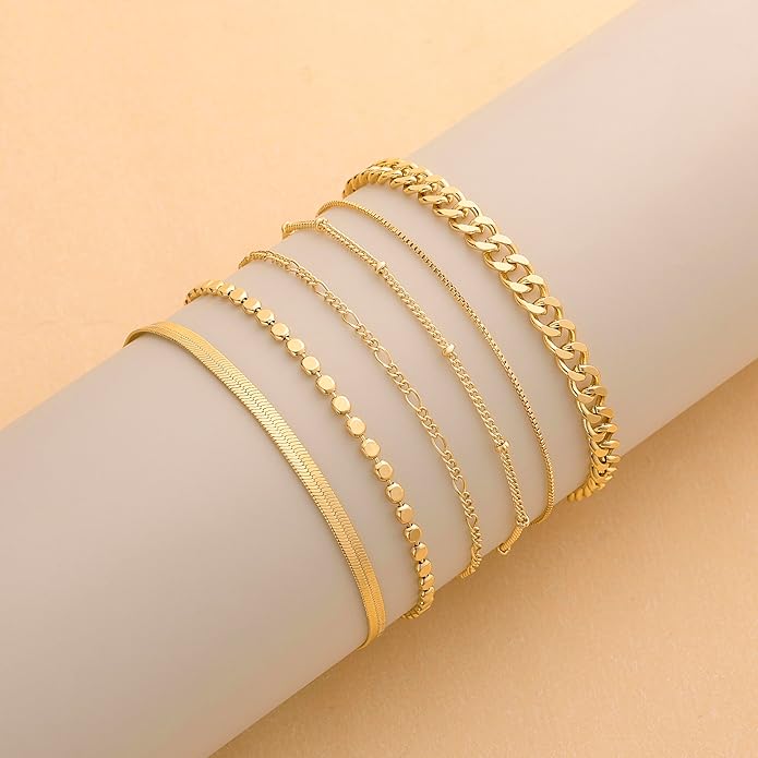 DEARMAY Waterproof Gold Plated Bracelets Set for Women Trendy, Dainty 14K Gold Jewelry Fashion Stackable Tennis Beaded Figaro Herringbone Paperclip Link Bracelet Pack Stack Gifts for Women