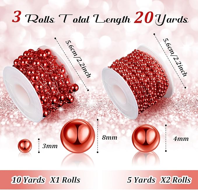 Bonuci 3 Rolls 66 Feet Pearls String Garland Faux Pearl Garland Spool Roll Strand Decoration Artificial Beads Chain Trim for Crafting String of Flowers Valentine Wedding Party(Red,4mm)