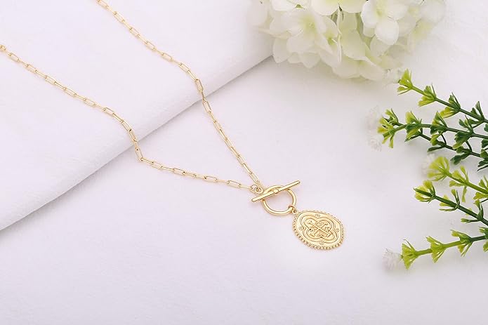 CANEVINKA Dainty Cross Medallion/Heart Pendant Chain Necklace 18K Gold Plated Oval Choker Fashion OT Toggle Jewelry Handmade for Women Simple Gold Charm Necklace