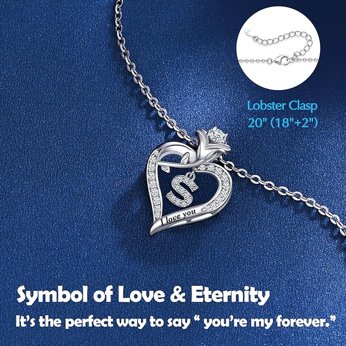 DWWGE Rose Heart Pendant Necklace Gifts for Wife, Engraved 'I love you' Gift for Wife Girlfriend, Anniversary Birthday Eternity Jewelry Present for Women, Moissanite Necklace Gift for Her