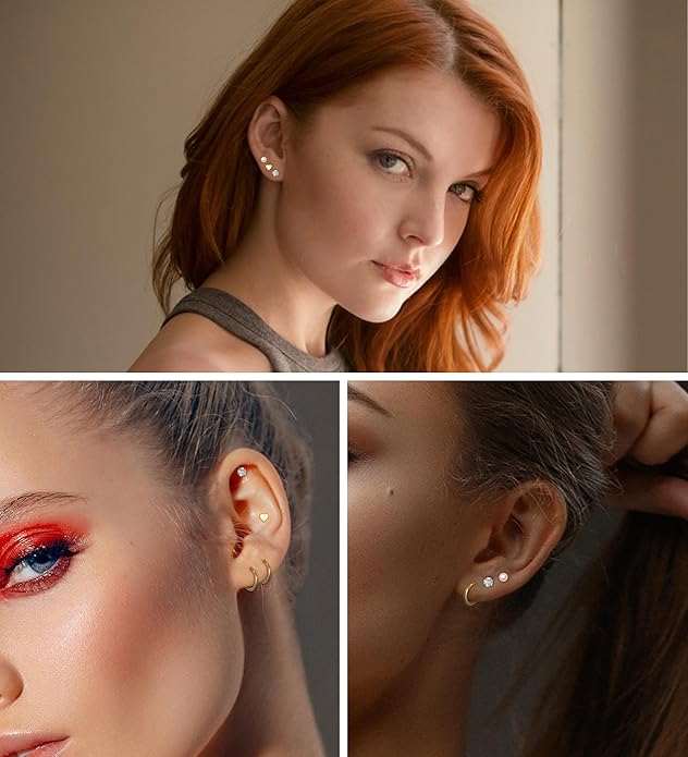 MJust Titanium Earrings for Sensitive Ears 20G Hypoallergenic Stud Hoop Earrings for Women Men Opal Ball CZ Heart Pearl Flat Back Earrings Cartilage Earrings Set