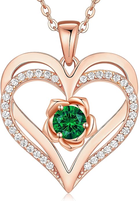 CDE Christmas Gifts for Women S925 Silver Rose Gold Heart Birthstone Necklaces for Women，Ideal Anniversary or Birthday Jewelry Gifts for Wife Girlfriend Her