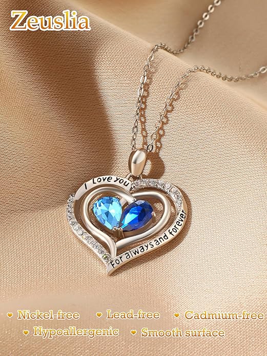 Zeuslia Double Birthstone Necklace Gifts for Wife - 925 Sterling Silver Sunflower/Rose/Crown Cross/Compass/Heart Pendant I Love You Necklace, Anniversary Birthday Gifts for Wife Girlfriend Mom Her